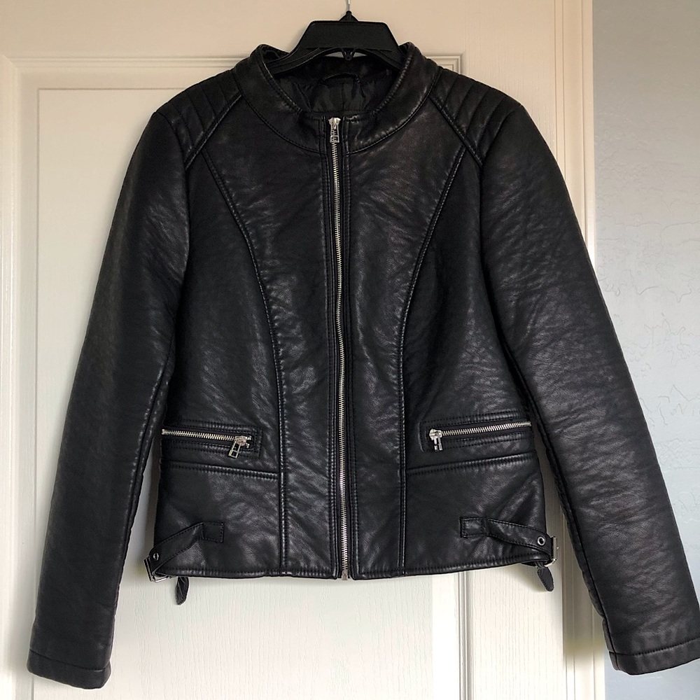Faux Leather Jacket with Detachable Hood